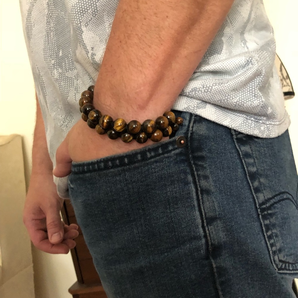 Men's Double Layer Tiger Eye Adjustable Bracelet - Macrame Knotted - Picture 7 of 17